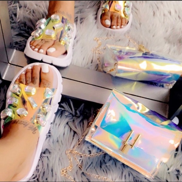 Shoes - White Slide Sandals with Clear Gem Accents